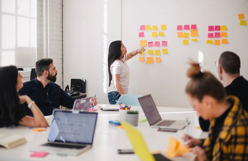 Team mapping customer journeys and priorities during a strategy session